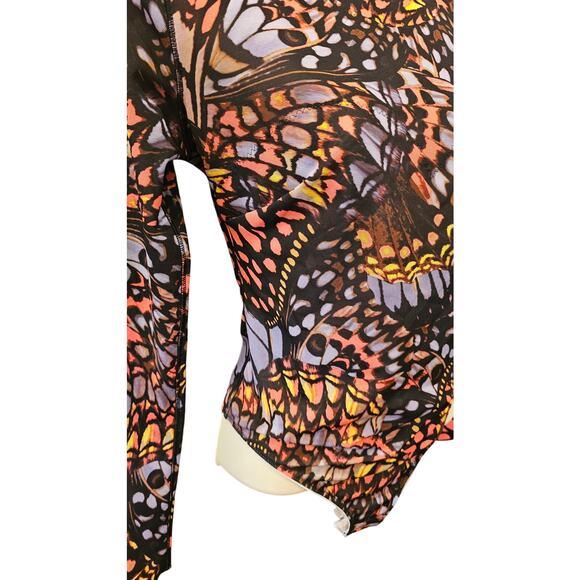 Yitty sz S thong long sleeve semi Sheer body suit lined torso EUC butterfly geo - Picture 4 of 10